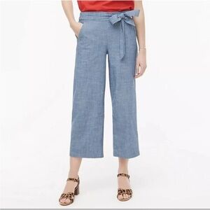 J. Crew Factory Pull On Tie Waist Wide Leg Cropped Chambray Pants Size 8 Cotton